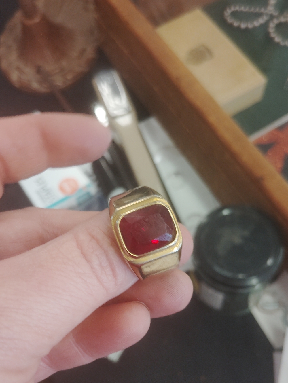Men's Red Stone Gold-Tone Signet Ring